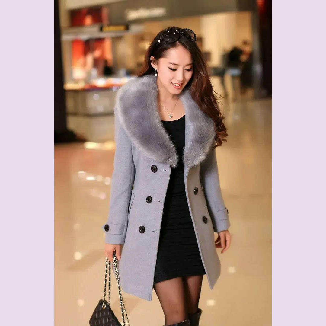 Mid Length Wool Coats Women Fur Collar Splice Blends Korean Full Sleeve Double Breasted Lace Up Belt Thick Warm Winter Jackets