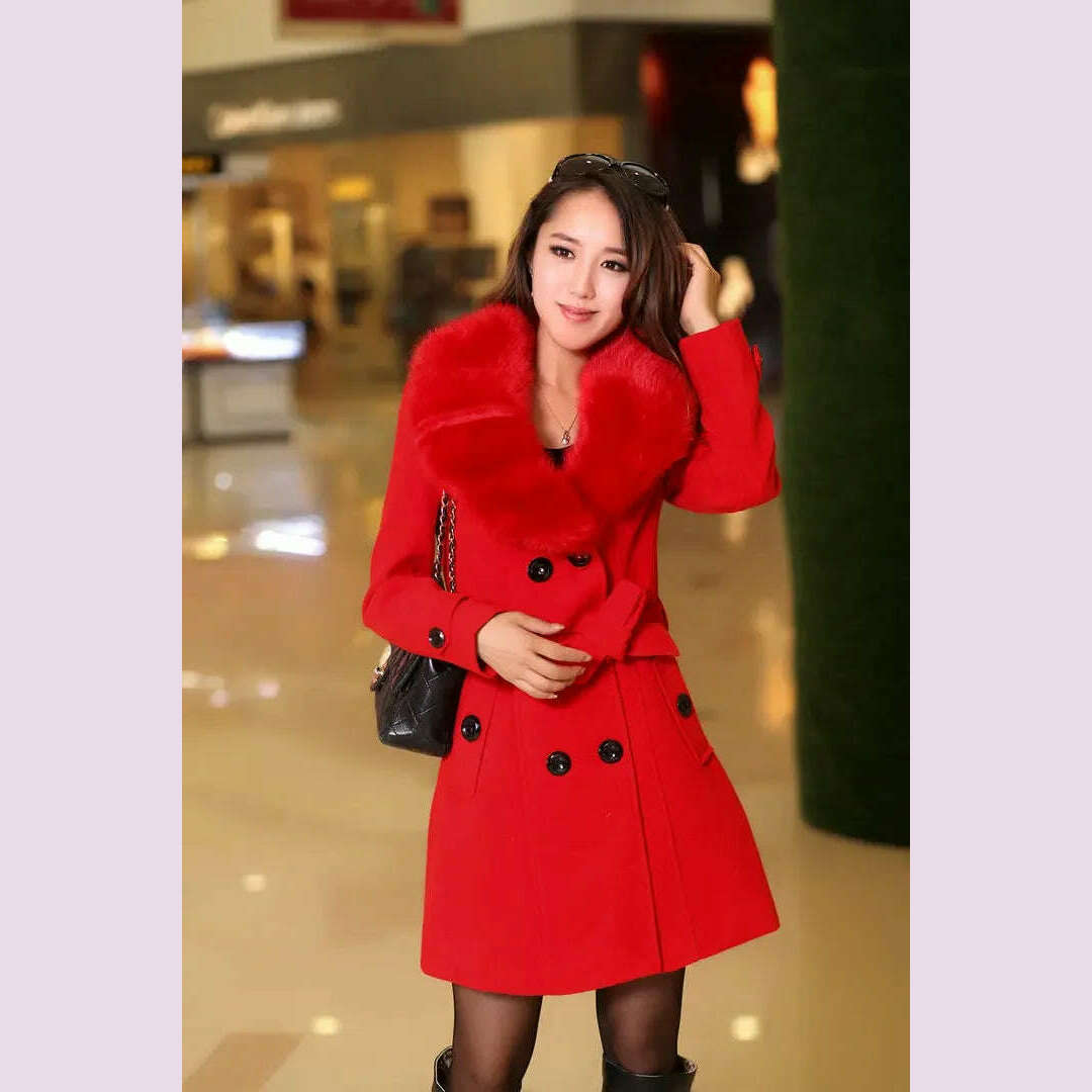 Mid Length Wool Coats Women Fur Collar Splice Blends Korean Full Sleeve Double Breasted Lace Up Belt Thick Warm Winter Jackets
