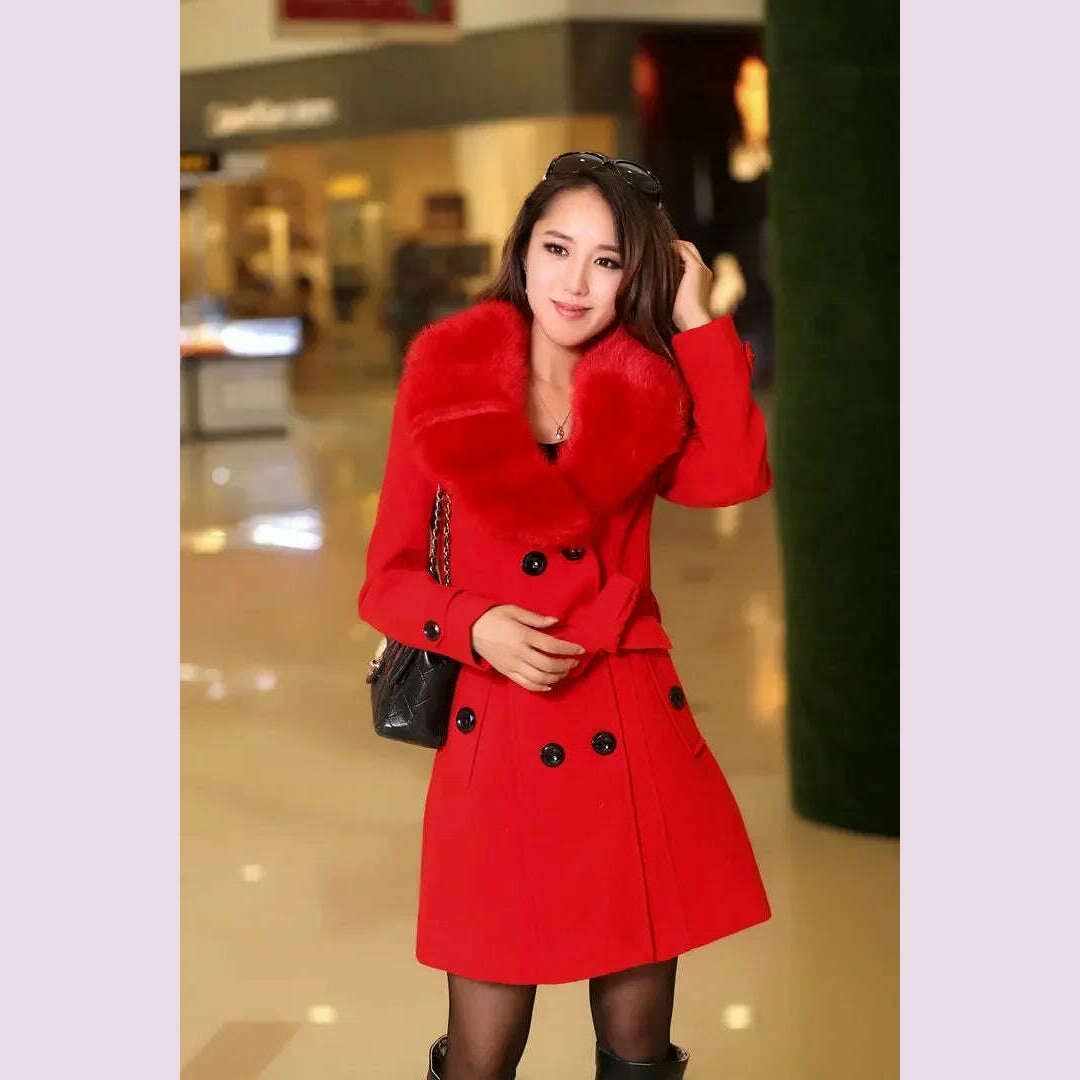 Mid Length Wool Coats Women Fur Collar Splice Blends Korean Full Sleeve Double Breasted Lace Up Belt Thick Warm Winter Jackets