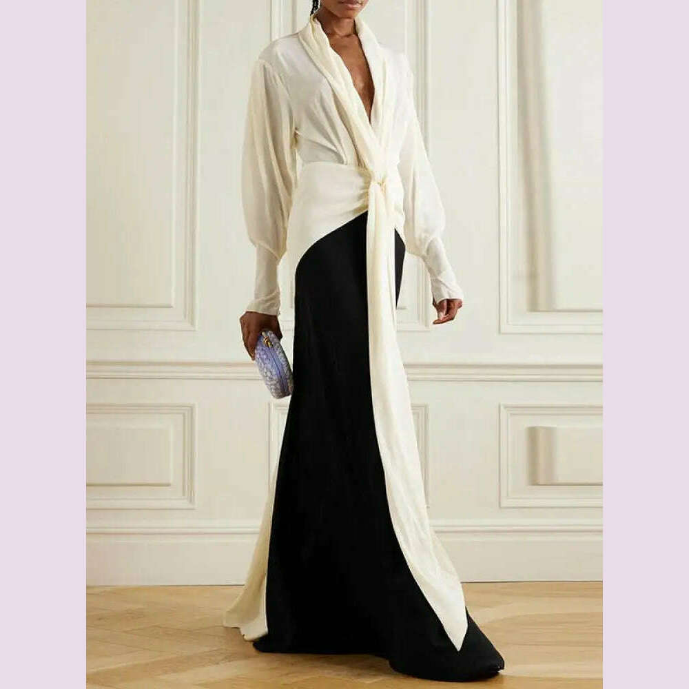 Missuoo Women Dress Black and White Elegant Evening Dresses Deep V-neck Long Sleeve Thin Maxi Dress Summer Fashion Pleated Dress