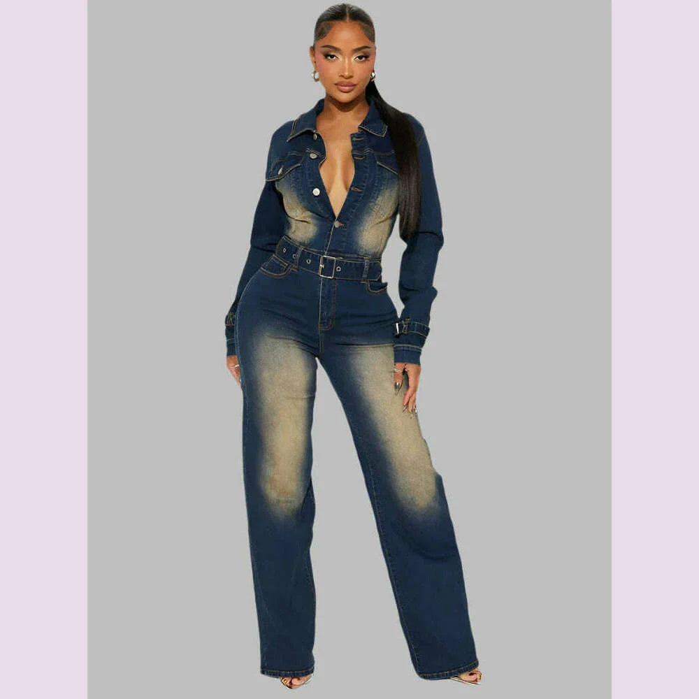 Mlaiscsr Stretch Denim One Piece Jumpsuits with Belt Women Clothes Winter Long Sleeve Lapel Washed Jean Romper Birthday Overalls