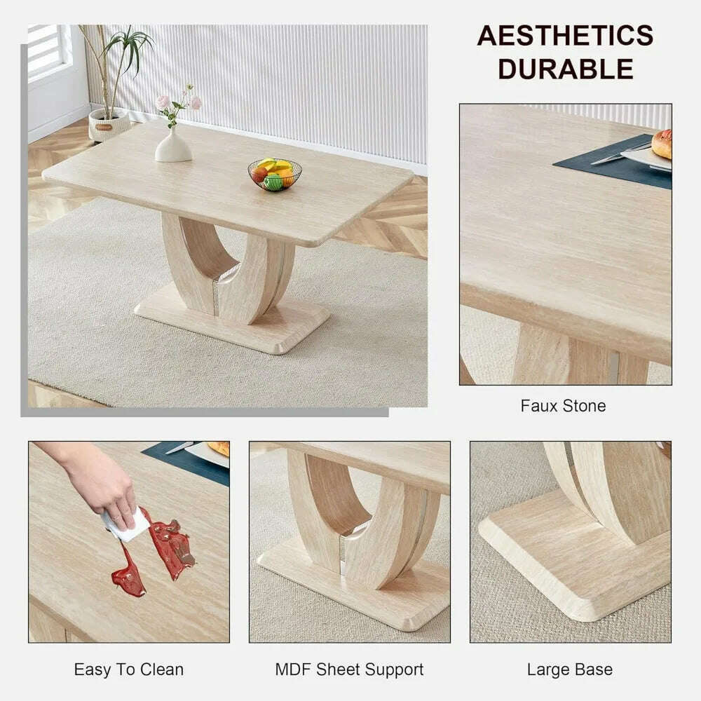Modern Wooden Dining Table Set for6,Rectangula Kitchen Table Set with Faux Marble Tabletop&6 Pu Leather Upholstered Chairs Ideal