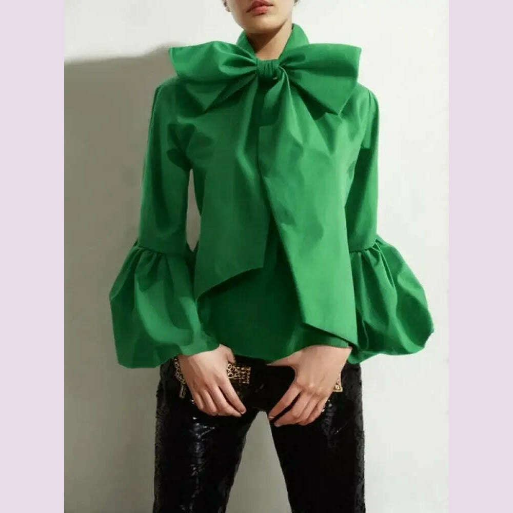 Modigirl Bowknot High Collar Shirt for Women 2024 New Lantern Sleeve Fit Solid Green Blouse Urban Women's Fashion Commuter Top