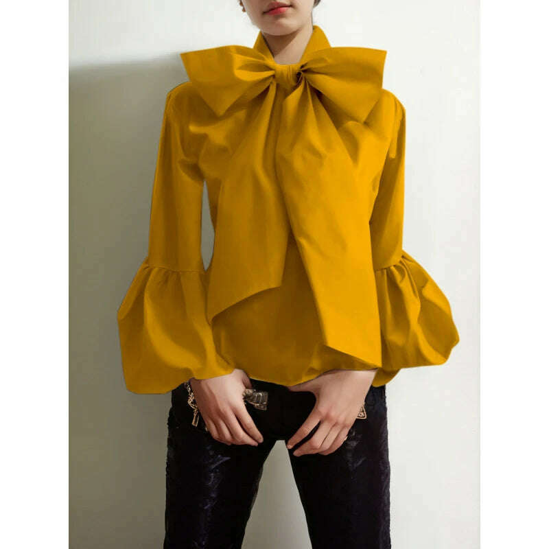 Modigirl Bowknot High Collar Shirt for Women 2024 New Lantern Sleeve Fit Solid Green Blouse Urban Women's Fashion Commuter Top
