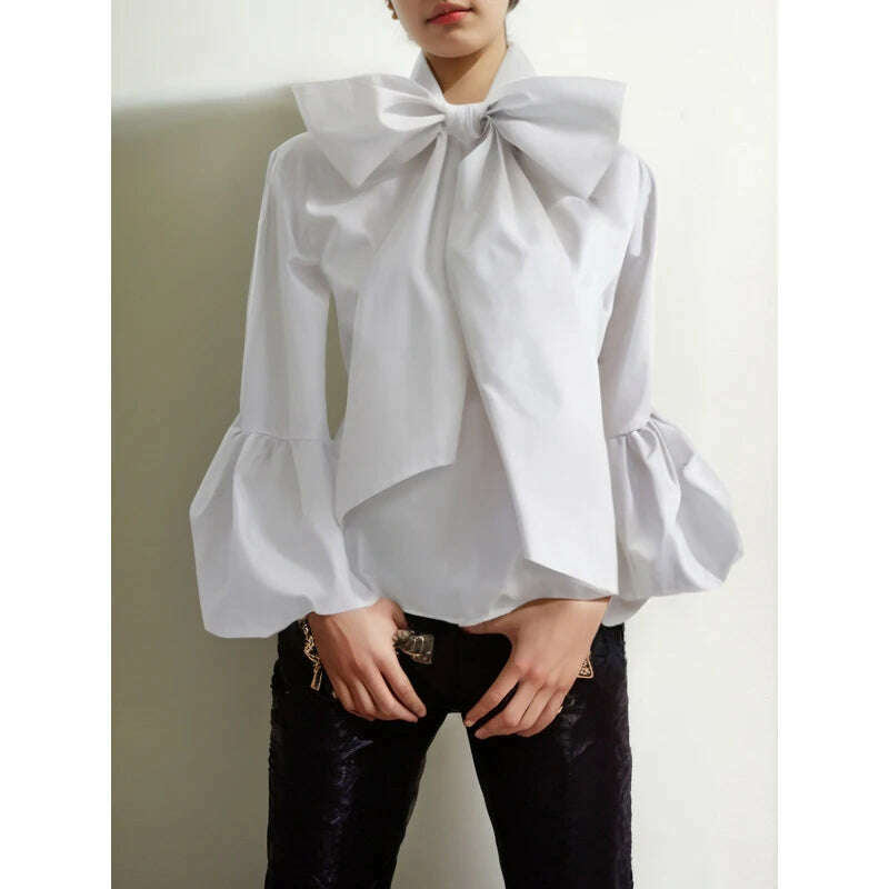 Modigirl Bowknot High Collar Shirt for Women 2024 New Lantern Sleeve Fit Solid Green Blouse Urban Women's Fashion Commuter Top