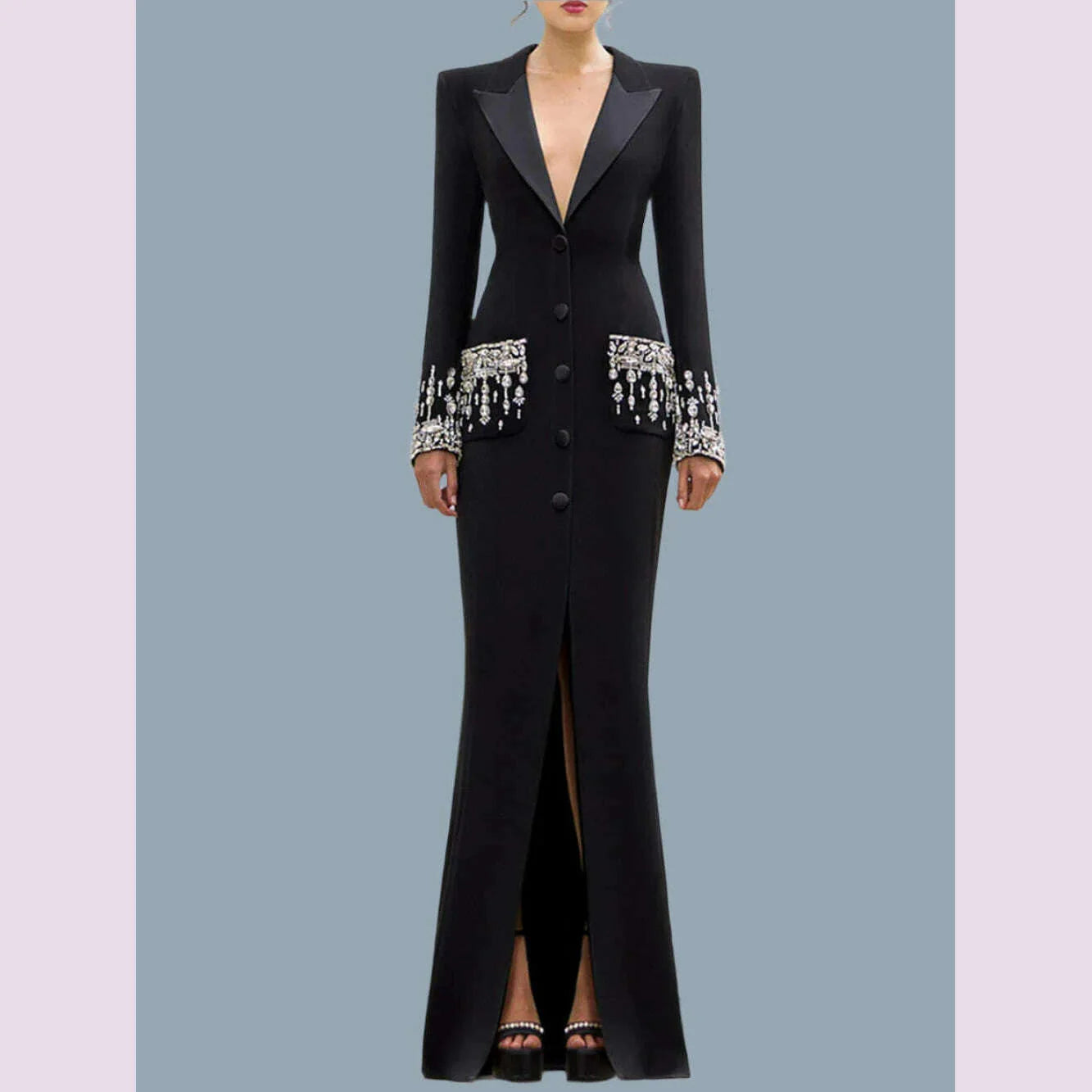 Modphy Elegant Black V-Neck Long Sleeve Diamond Beads Saudi Prom Gown Floor Length Formal Evening Party Dresses For Women 2024