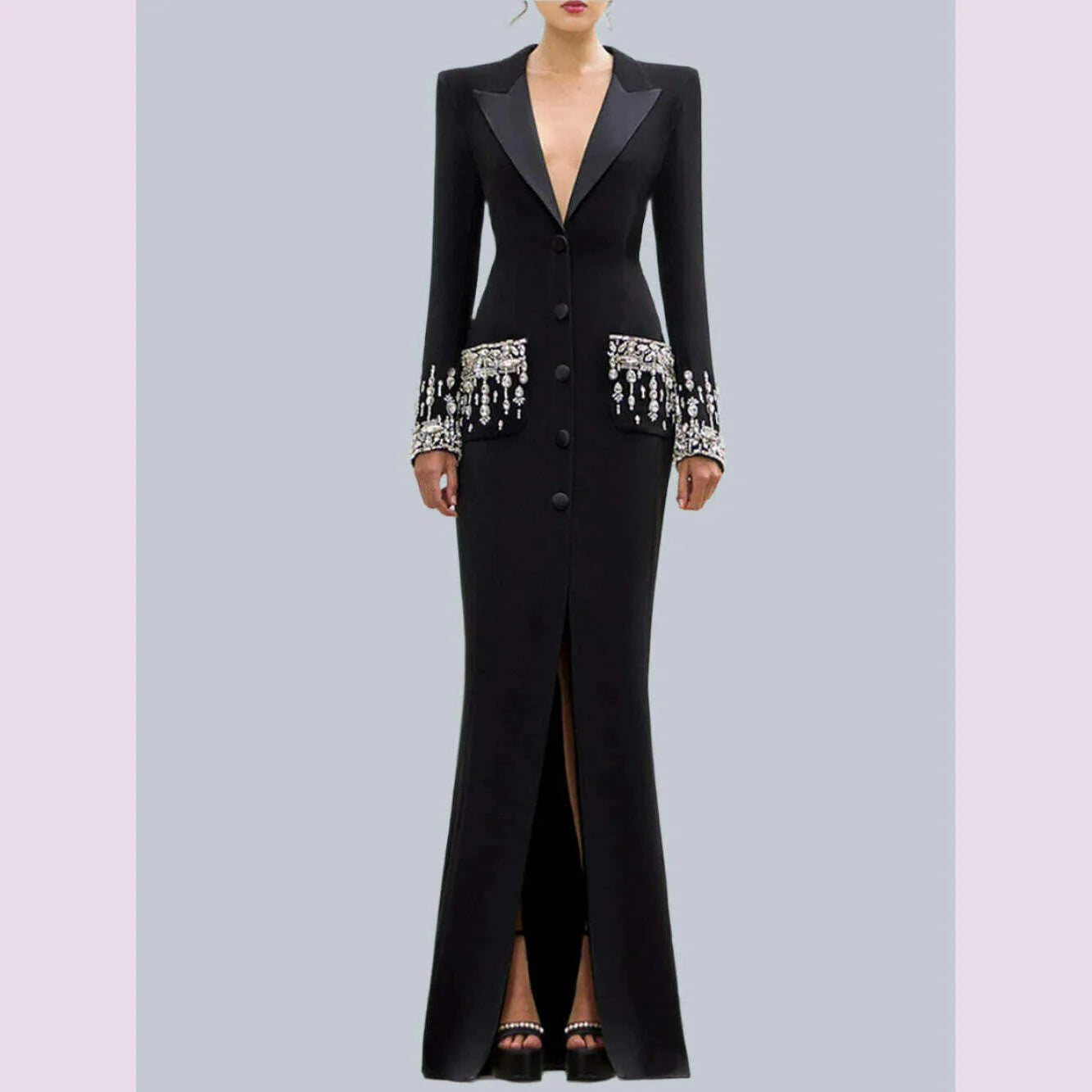 Modphy Elegant Black V-Neck Long Sleeve Diamond Beads Saudi Prom Gown Floor Length Formal Evening Party Dresses For Women 2024