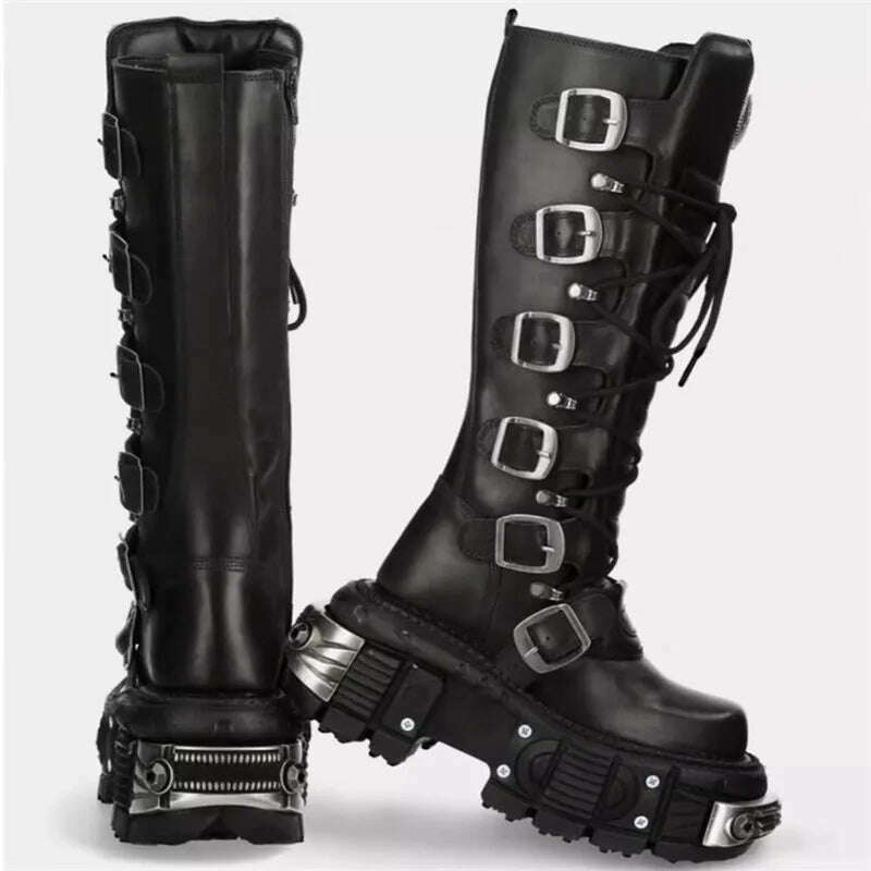 Motorcycle Rock Boots For Man Lacing Up Men Black Punk Boot
