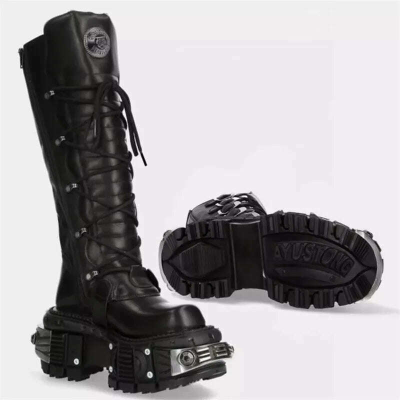 Motorcycle Rock Boots For Man Lacing Up Men Black Punk Boot