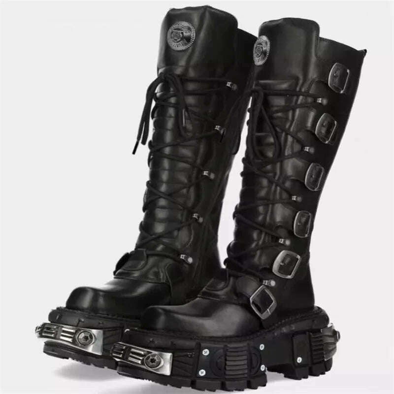 Motorcycle Rock Boots For Man Lacing Up Men Black Punk Boot