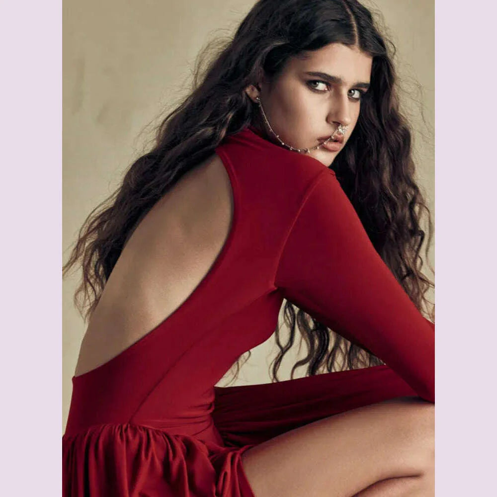 Mozision Backless O-neck Pleated Thigh Slit Long Sleeveless Autumn Winter Red Sexy Maxi Dress For Women High Waist Slim Dress