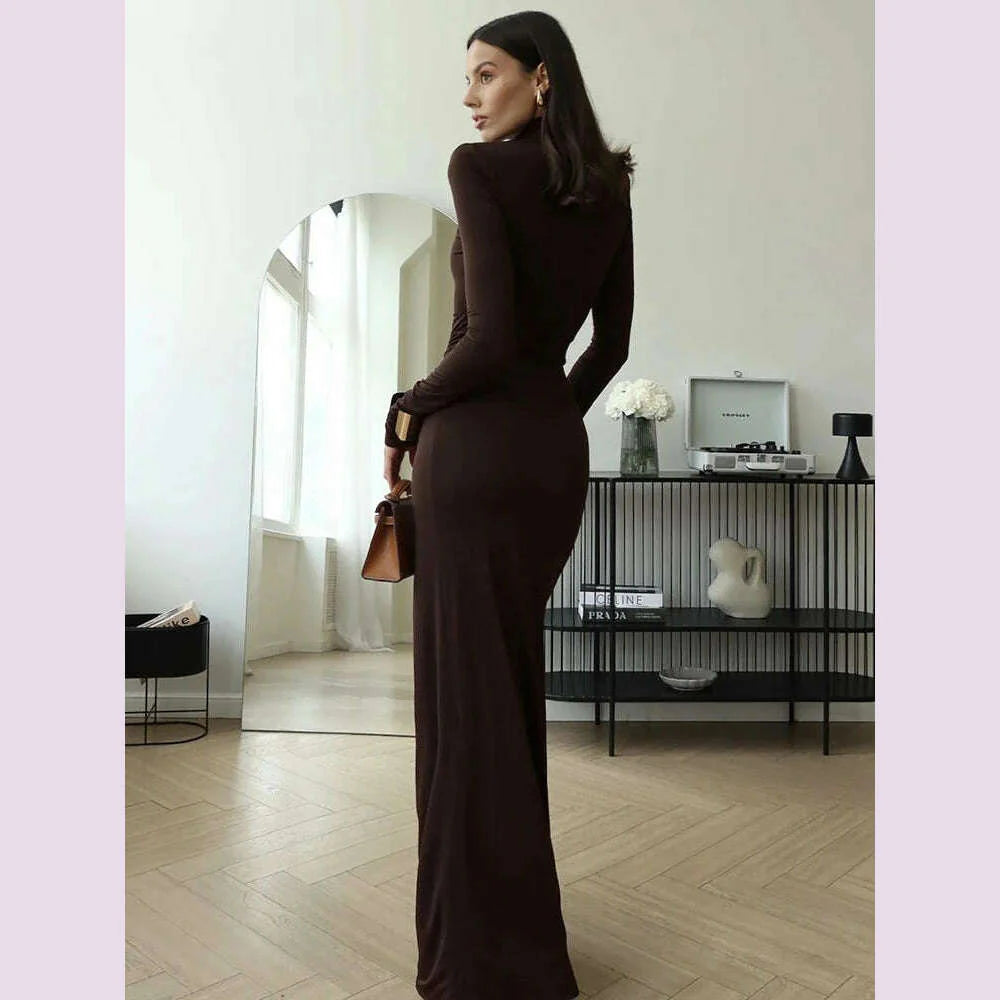 Mozision Turtleneck Thigh High Split Sexy Maxi Dress For Women Fashion Long Sleeve Draped Bandage Bodycon Club Long Dress