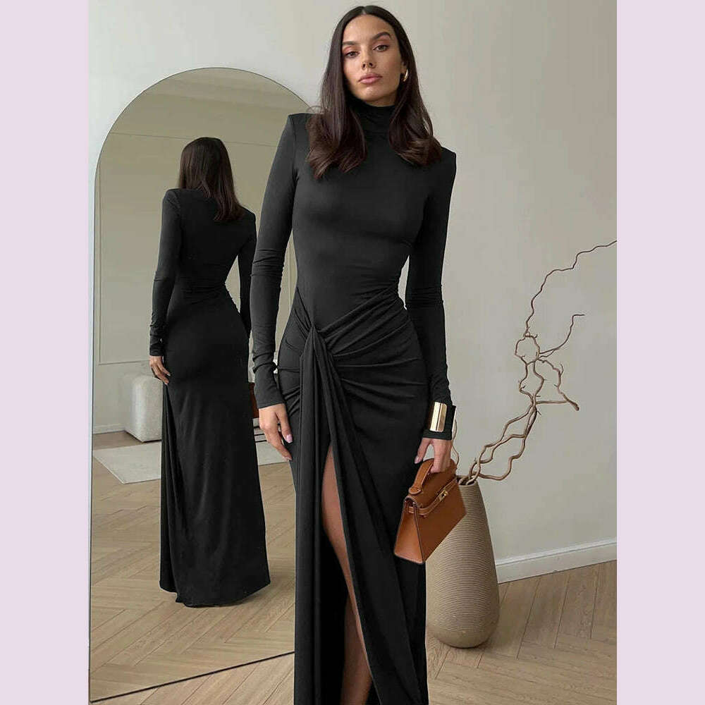 Mozision Turtleneck Thigh High Split Sexy Maxi Dress For Women Fashion Long Sleeve Draped Bandage Bodycon Club Long Dress