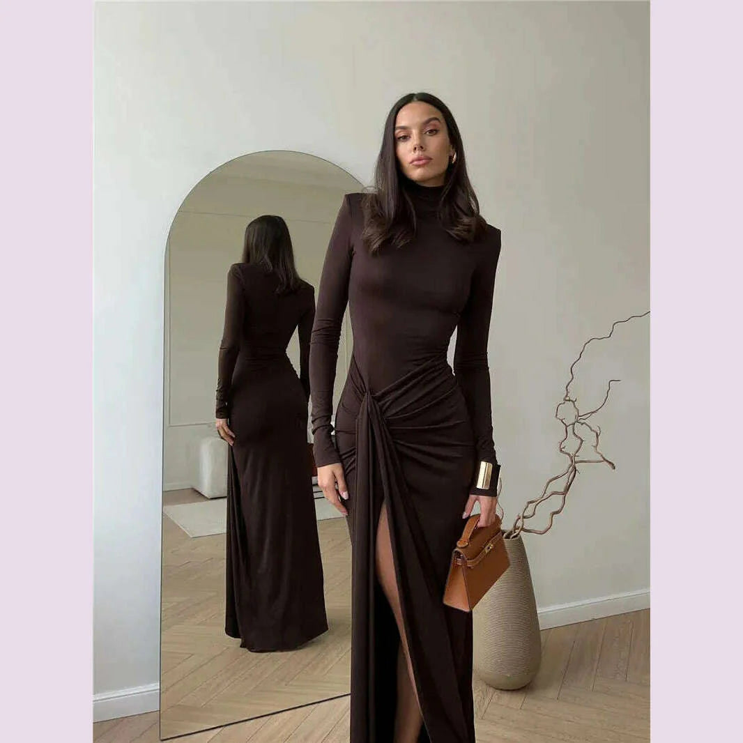 Mozision Turtleneck Thigh High Split Sexy Maxi Dress For Women Fashion Long Sleeve Draped Bandage Bodycon Club Long Dress
