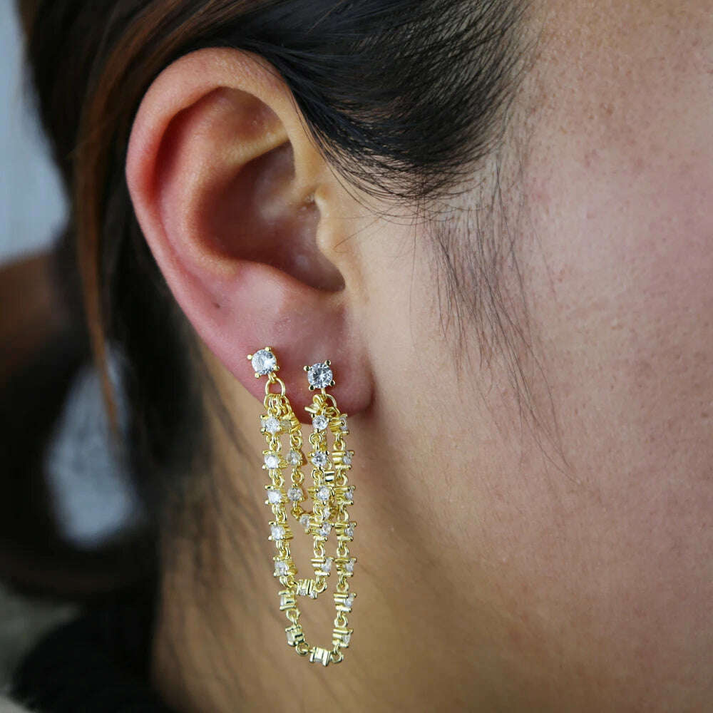 Multi Piercing Luxury Fashion Women Earring Iced Out Bling Sparking 5A CZ Station Long Tassel Chain 1pc Romantic Vermeil Jewelry