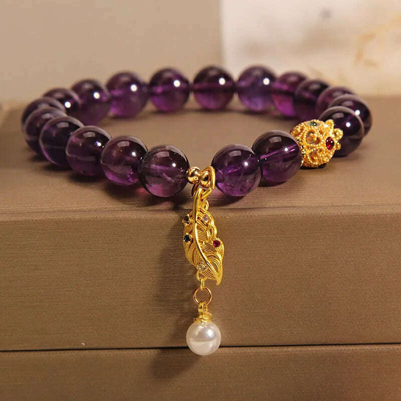 Natural Amethyst Bracelet Women's Light Luxury Wishing Lucky Cat Beaded Pendant Hand Chain Best Friend Bangles Jewelry Gift
