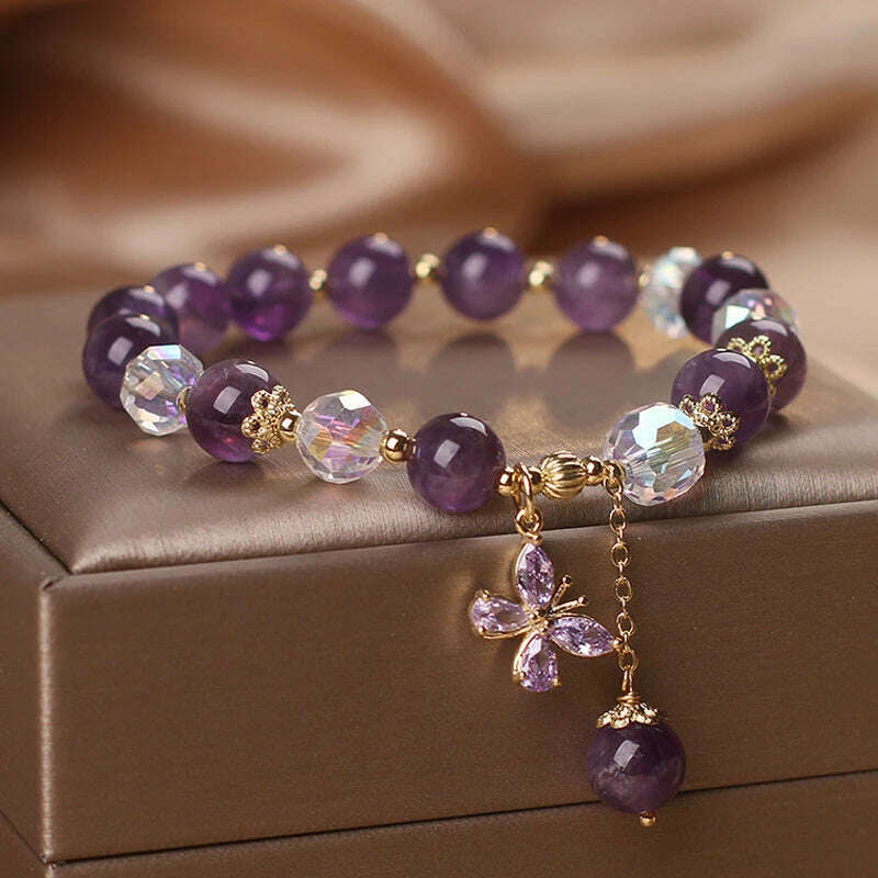 Natural Amethyst Bracelet Women's Light Luxury Wishing Lucky Cat Beaded Pendant Hand Chain Best Friend Bangles Jewelry Gift