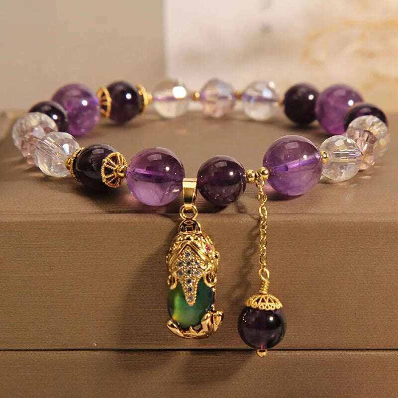Natural Amethyst Bracelet Women's Light Luxury Wishing Lucky Cat Beaded Pendant Hand Chain Best Friend Bangles Jewelry Gift