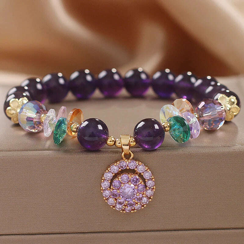 Natural Amethyst Bracelet Women's Light Luxury Wishing Lucky Cat Beaded Pendant Hand Chain Best Friend Bangles Jewelry Gift