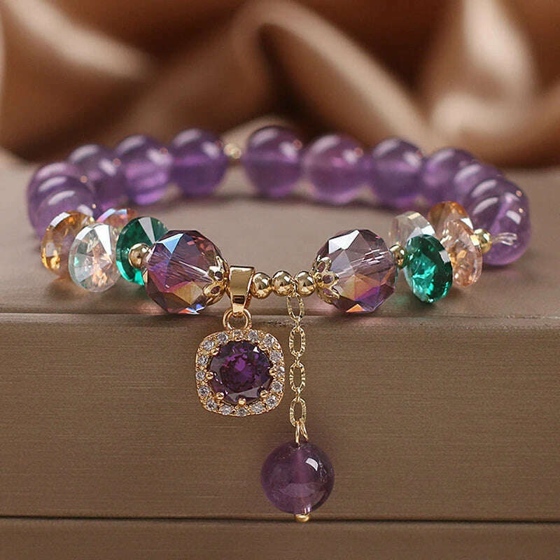 Natural Amethyst Bracelet Women's Light Luxury Wishing Lucky Cat Beaded Pendant Hand Chain Best Friend Bangles Jewelry Gift
