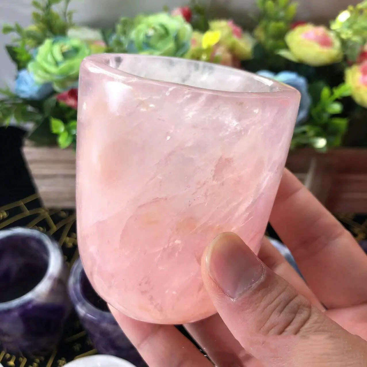 Natural Crystal Amethyst Rose Quartz White Crystal Cup Hand Curved Geode Crystal Tea Coffe Milk Mug Collection Craft Home Decor