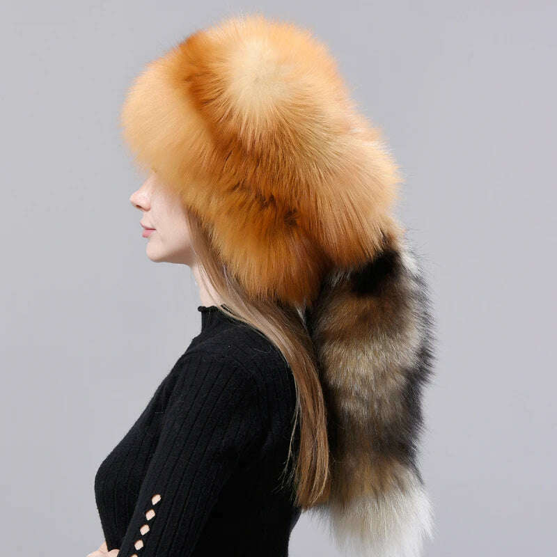 Natural Fox Fur Russian Hat Ushanka Women Winter Warm Fluffy Popular Style Female Tail Cap Fashion Real Fur Hats