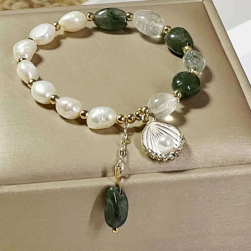 Natural Pearl Bracelet Green Crystal Original Design Women's Korean Bangles Student Friend Birthday Jewelry Handpiece