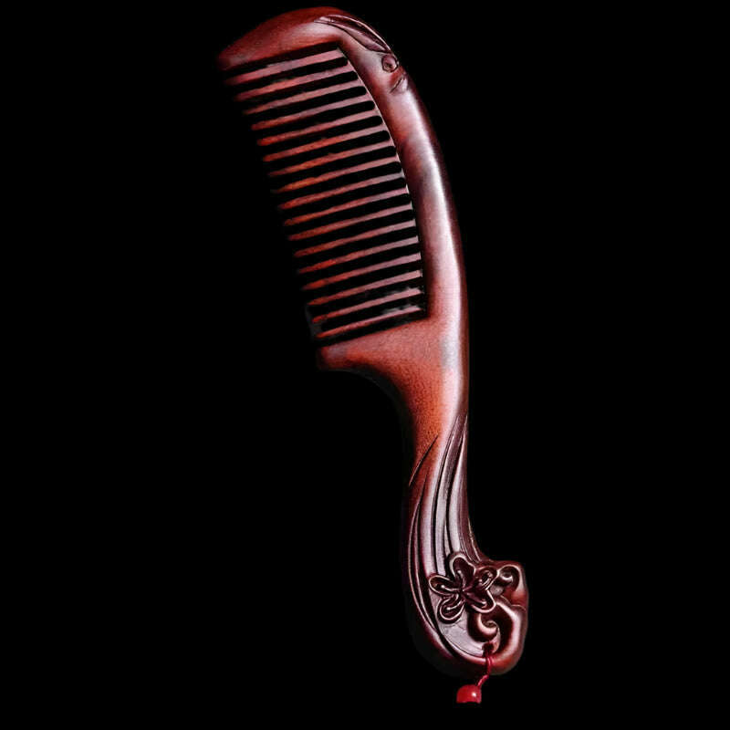Natural Rhinoceros Horn Small Leaf Red Sandalwood Carved Wood Comb Retro Style Massage Comb Gifts with comb