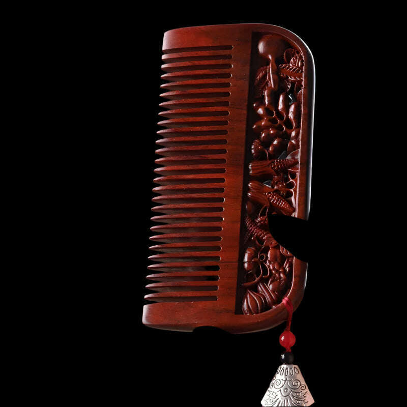 Natural Rhinoceros Horn Small Leaf Red Sandalwood Carved Wood Comb Retro Style Massage Comb Gifts with comb