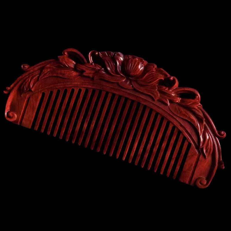 Natural Rhinoceros Horn Small Leaf Red Sandalwood Carved Wood Comb Retro Style Massage Comb Gifts with comb
