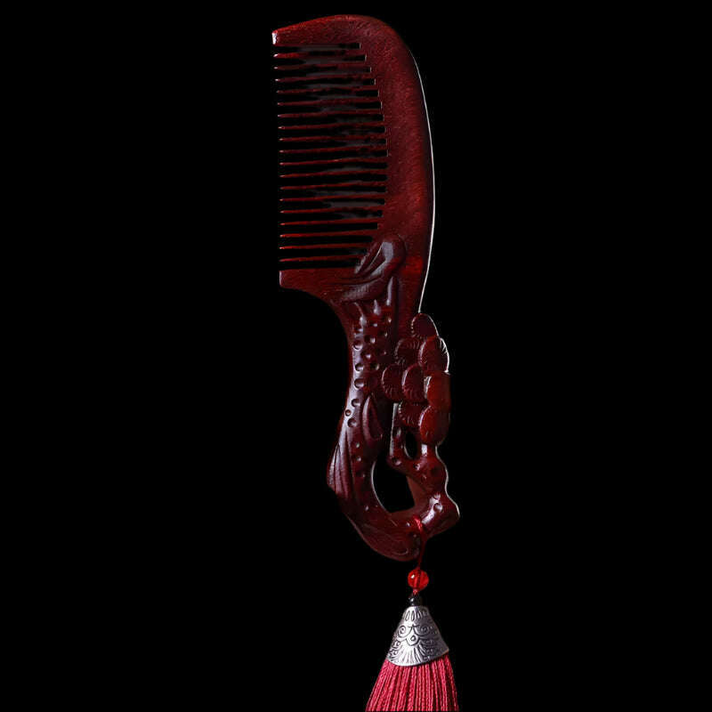 Natural Rhinoceros Horn Small Leaf Red Sandalwood Carved Wood Comb Retro Style Massage Comb Gifts with comb