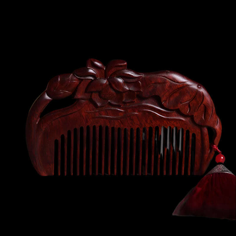 Natural Rhinoceros Horn Small Leaf Red Sandalwood Carved Wood Comb Retro Style Massage Comb Gifts with comb