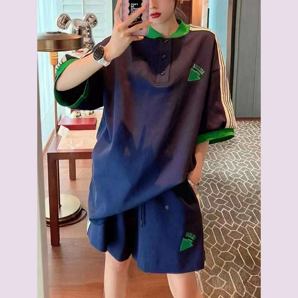 Navy Loose Side Patch Streetwear Tracksuit Summer Shirts Shorts Pants Embroidery Two Piece Sets Womens Outifits Harajuku Casual