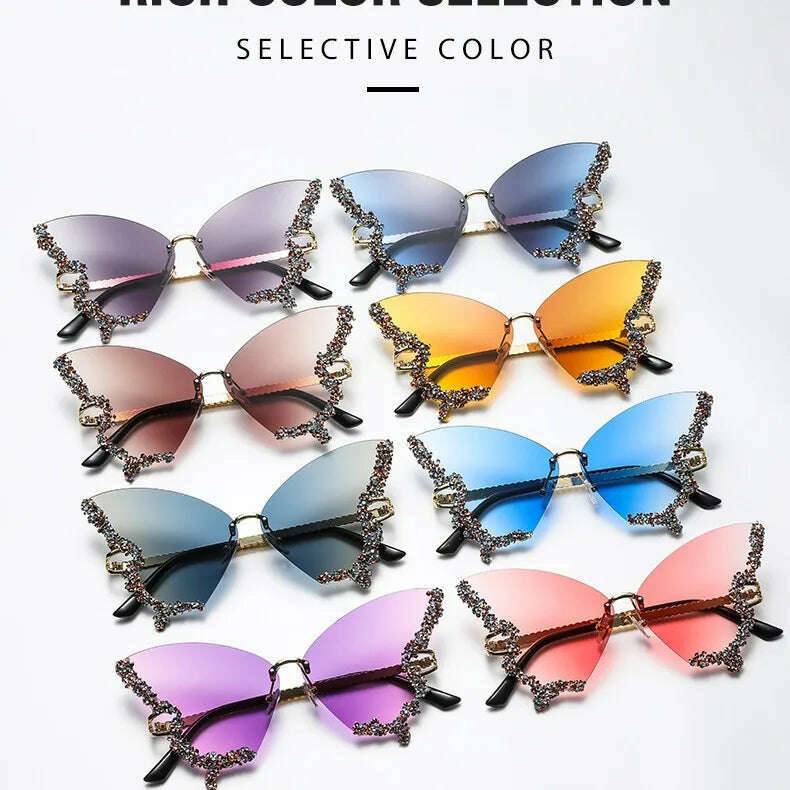New butterfly shape diamond rimless fashion sunglasses personality exaggerated cool tide men and women models sunglasses