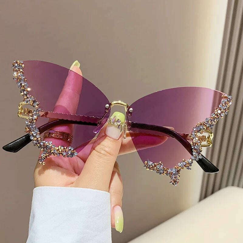 New butterfly shape diamond rimless fashion sunglasses personality exaggerated cool tide men and women models sunglasses