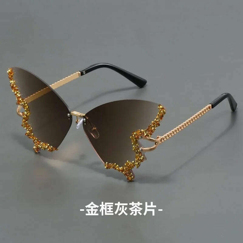 New butterfly shape diamond rimless fashion sunglasses personality exaggerated cool tide men and women models sunglasses