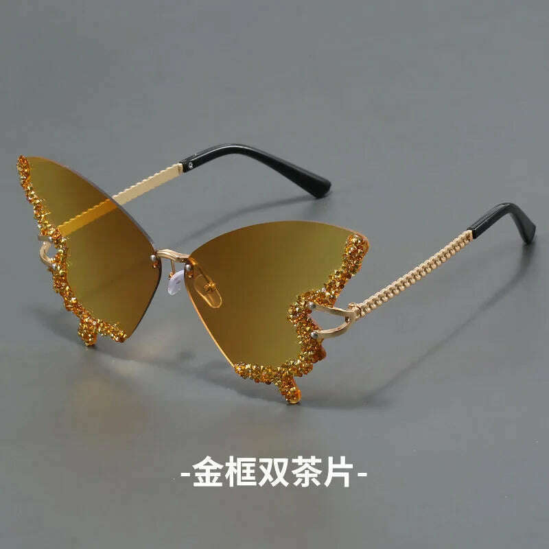 New butterfly shape diamond rimless fashion sunglasses personality exaggerated cool tide men and women models sunglasses