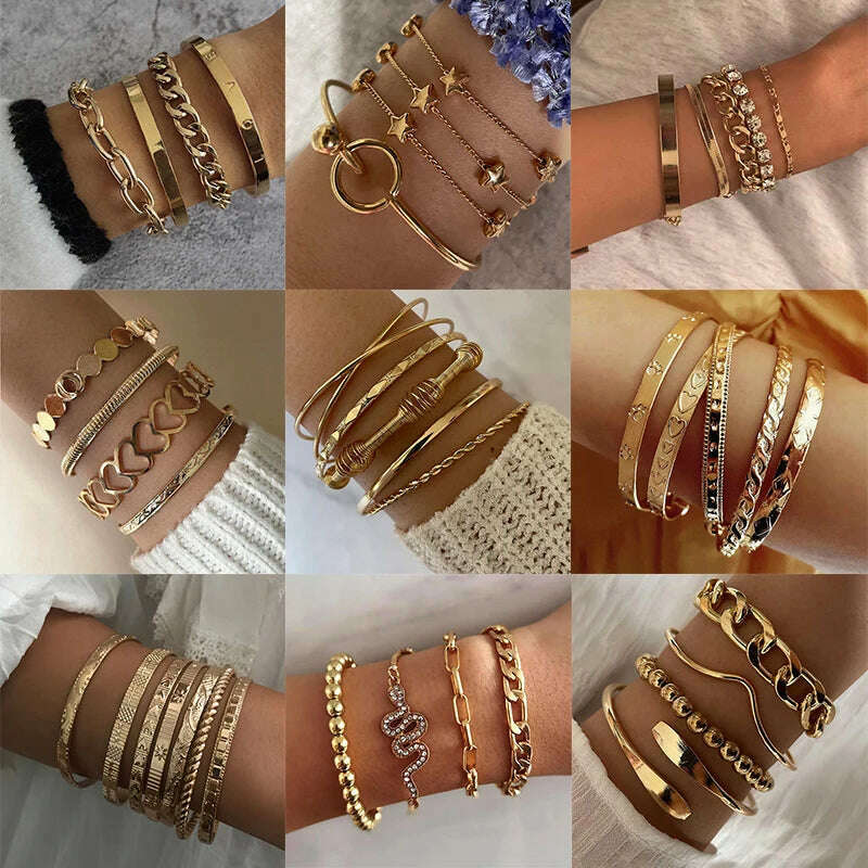 New Fashion Boho Punk Golden Cuff Bracelets & Bangles For Women Love Pulseiras Bangle Set Feminina Jewelry Charm Gifts B051