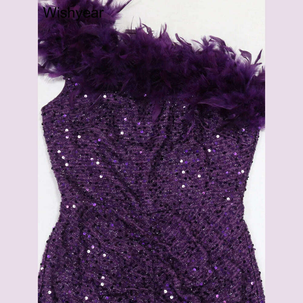 New Luxury Sequined Feather One Shoulder Sleeveless Slanted Collar Backless Purple Long Dress Women Birthday Party Event Gowns
