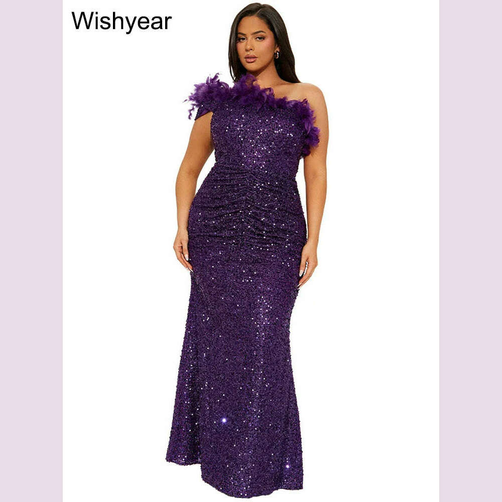 New Luxury Sequined Feather One Shoulder Sleeveless Slanted Collar Backless Purple Long Dress Women Birthday Party Event Gowns
