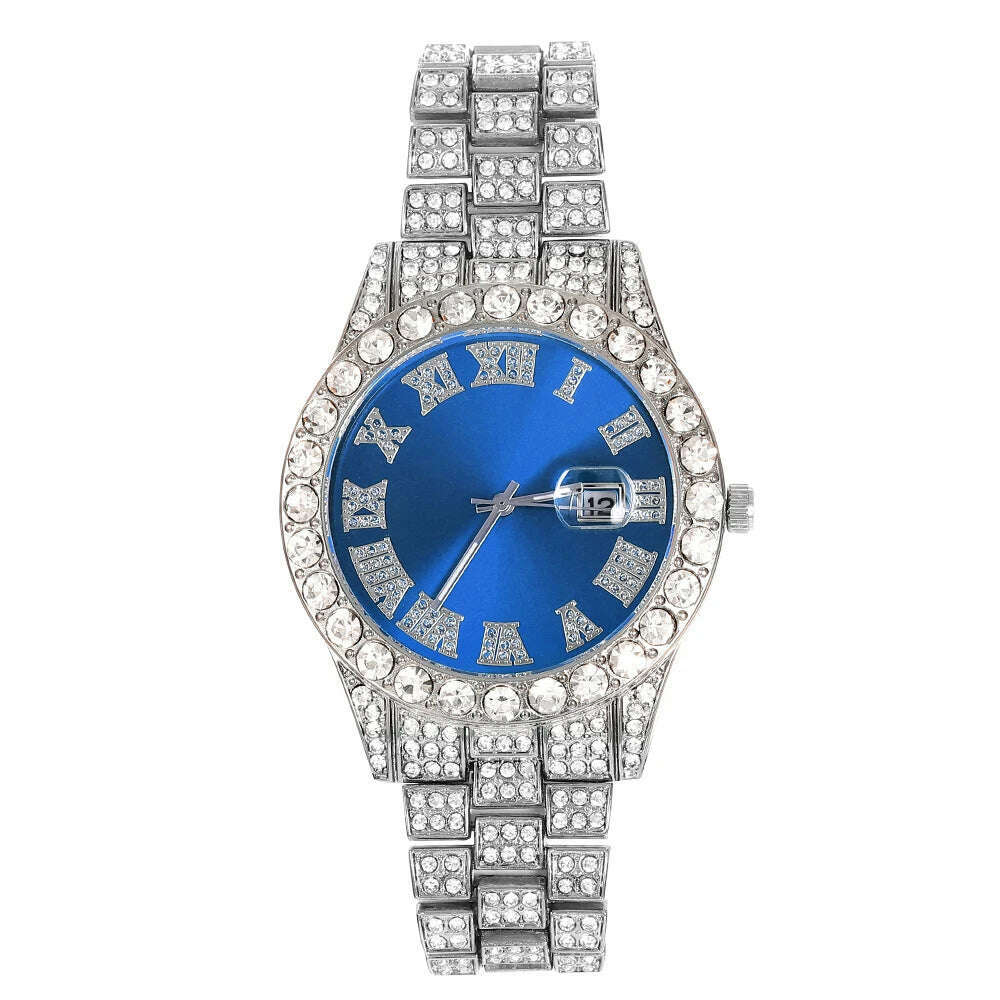 New Punk Men Watch Iced Out Diamond Sparkling Quartz Watches Fashion Hip Hop Classic Silver Color Watch Jewelry Men Women Gift