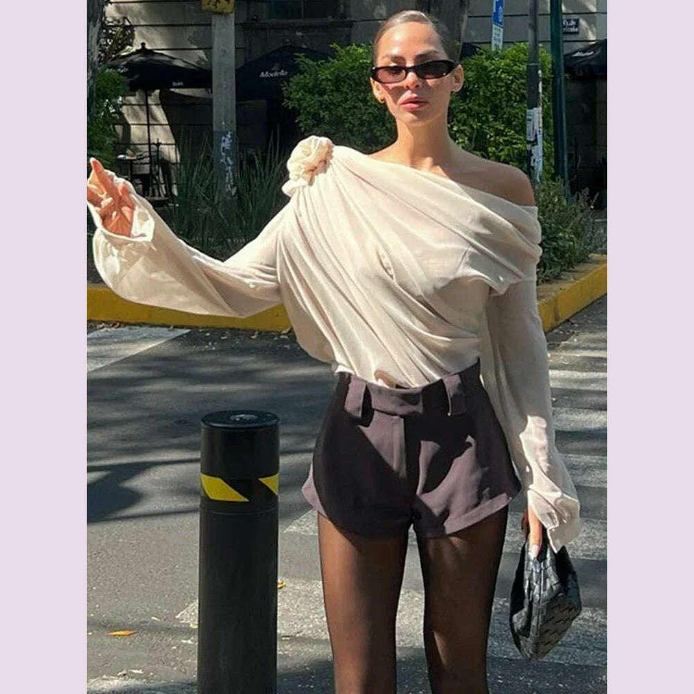 New Slope Shoulder Blouse Asymmetric Cropped Blouse Apricot Pile Up Shirts Women Top Autumn New Elegant Fashiin Blouse