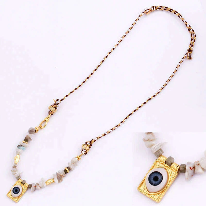 New Style Multi Color Braided Rope Star Moon Heart Hand Eye Charm Necklace,Unique Mix Stone 18K Gold Cotton Cord Jewelry Finding