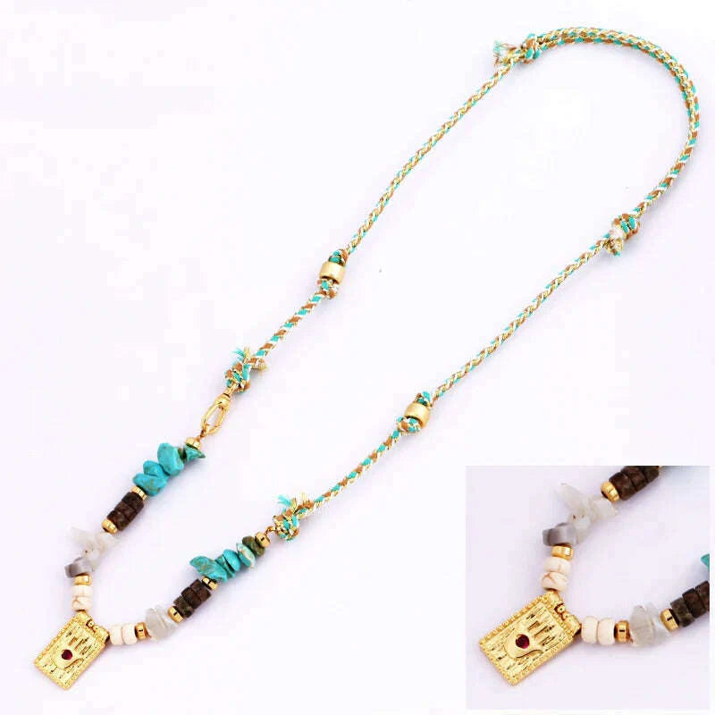 New Style Multi Color Braided Rope Star Moon Heart Hand Eye Charm Necklace,Unique Mix Stone 18K Gold Cotton Cord Jewelry Finding