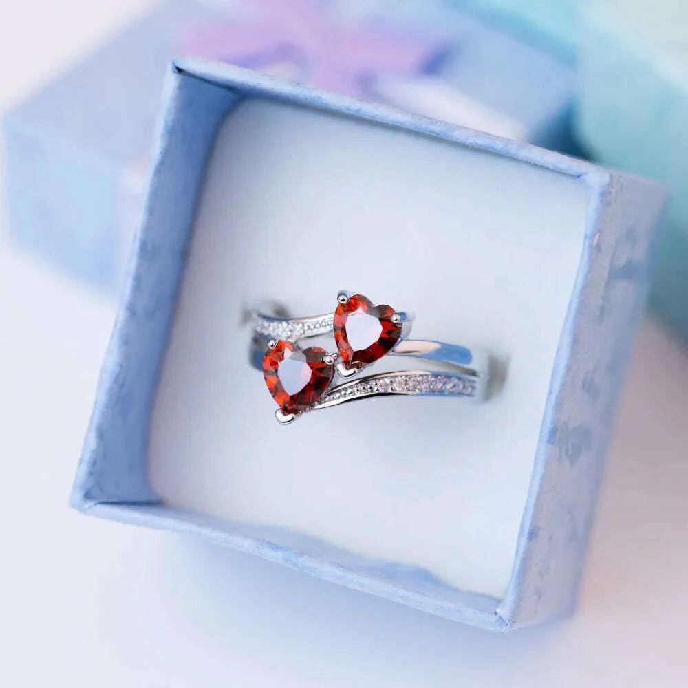 New Stylish Female Rings Silver-plated Double Heart-Shaped Cubic Zircons Wedding Ring for Women Girls Nice Gift Birthday