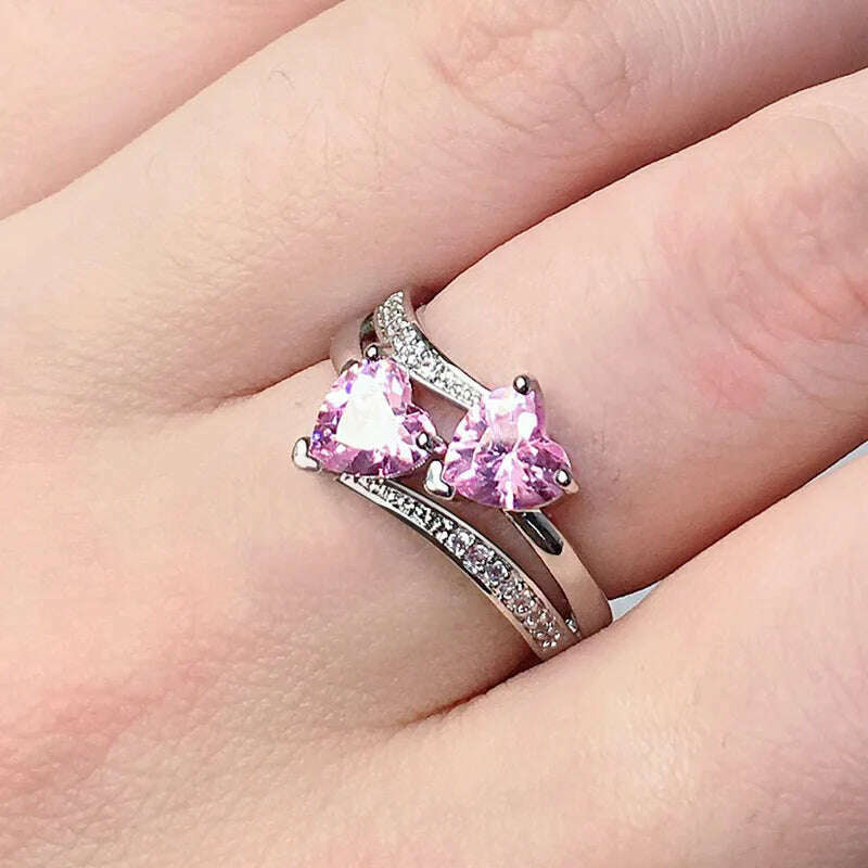 New Stylish Female Rings Silver-plated Double Heart-Shaped Cubic Zircons Wedding Ring for Women Girls Nice Gift Birthday