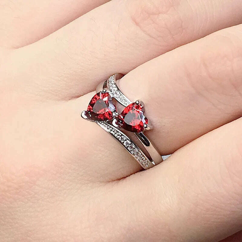 New Stylish Female Rings Silver-plated Double Heart-Shaped Cubic Zircons Wedding Ring for Women Girls Nice Gift Birthday
