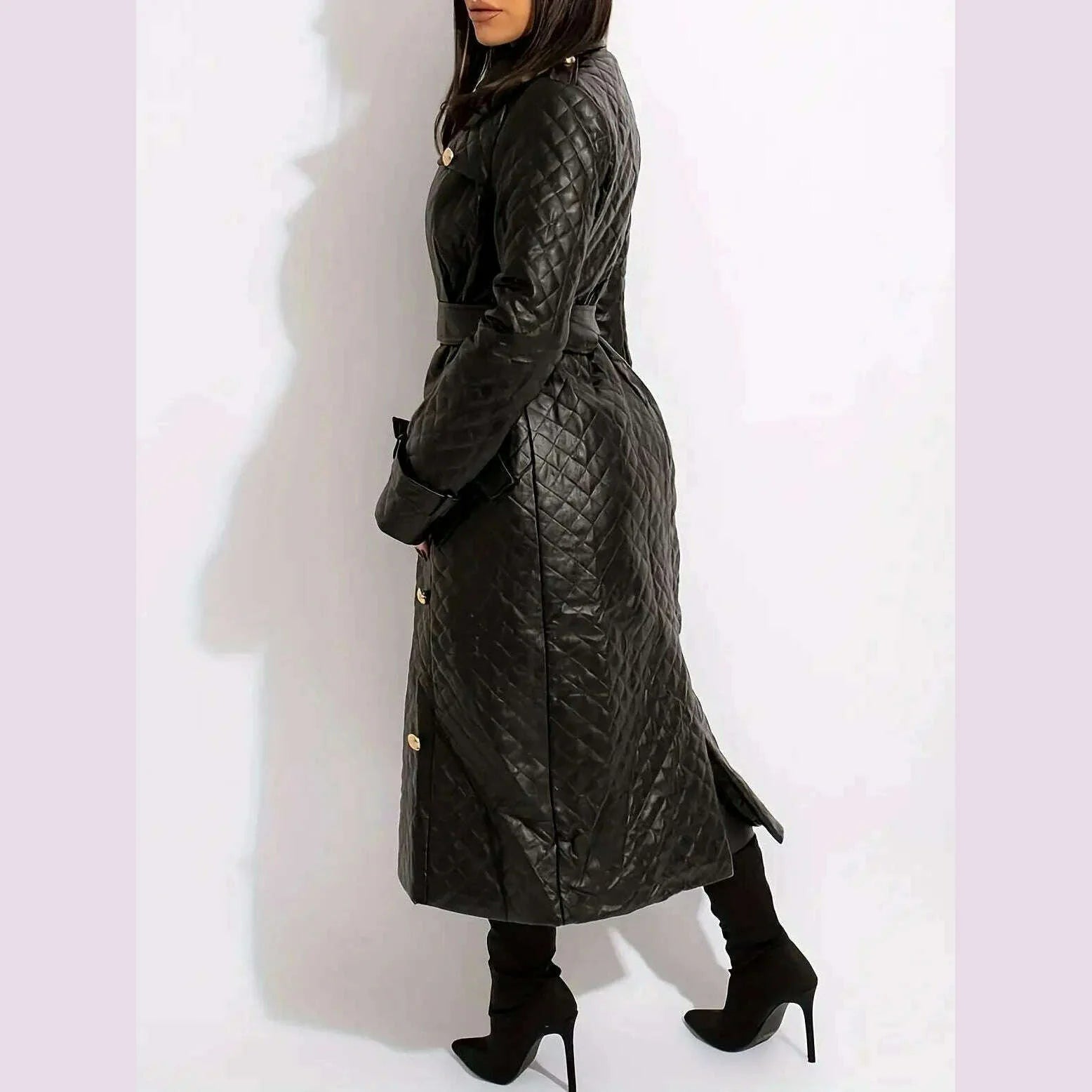 New Winter Luxury Design Double Breasted Black PU Leather Long Coats for Ladies Plus Size Quality Street Women Trench With Belt