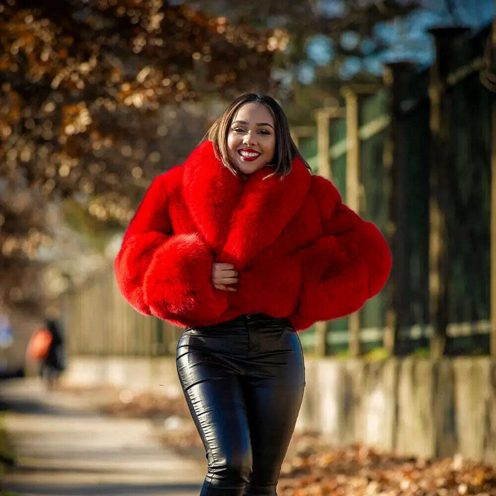 New Winter Real Fox Fur Short Coat Women Fashion Solid Full Pelt Warm Jacket Female Natural Fox Fur Shawl Collar Thick Overcoats