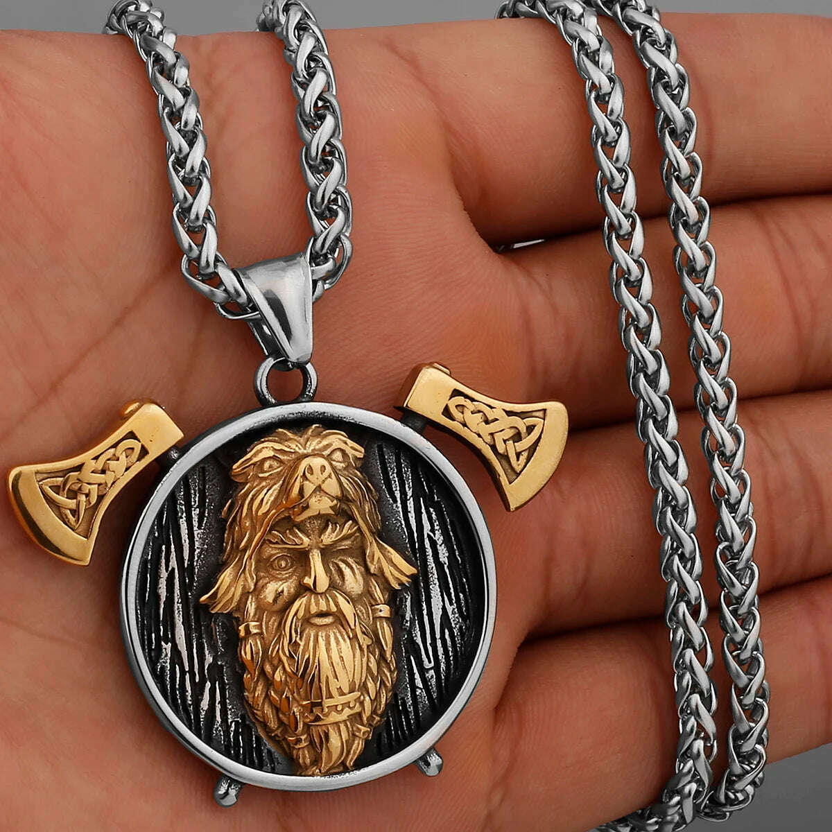 Nordic Viking Warrior Double Axe Gold Stainless Steel Pendant Men's Fashion Hip Hop Pendant Necklace Locomotive Men's Jewelry